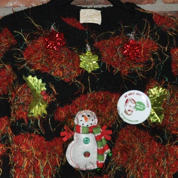 Custom Made, Ornaments, Tinsel, Snowman, Tacky (Hairy) Knit Christmas Sweater M - Picture 2 of 6